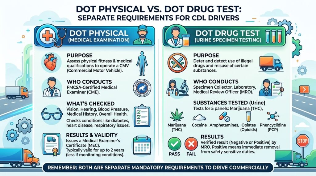 Infographic explaining that a DOT physical exam and DOT drug test are separate CDL requirements