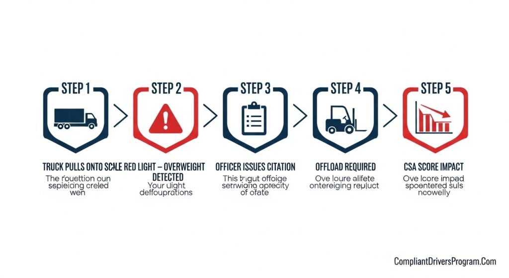 Flowchart infographic showing five steps that happen when a truck is found overweight at a weigh station