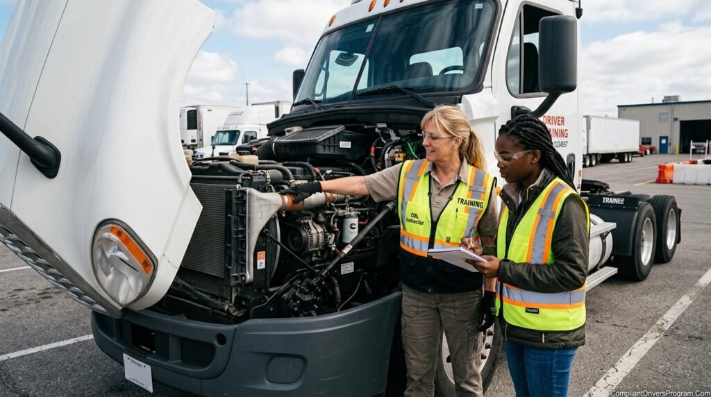 CDL instructor teaching international driver American commercial vehicle inspection procedures and requirements